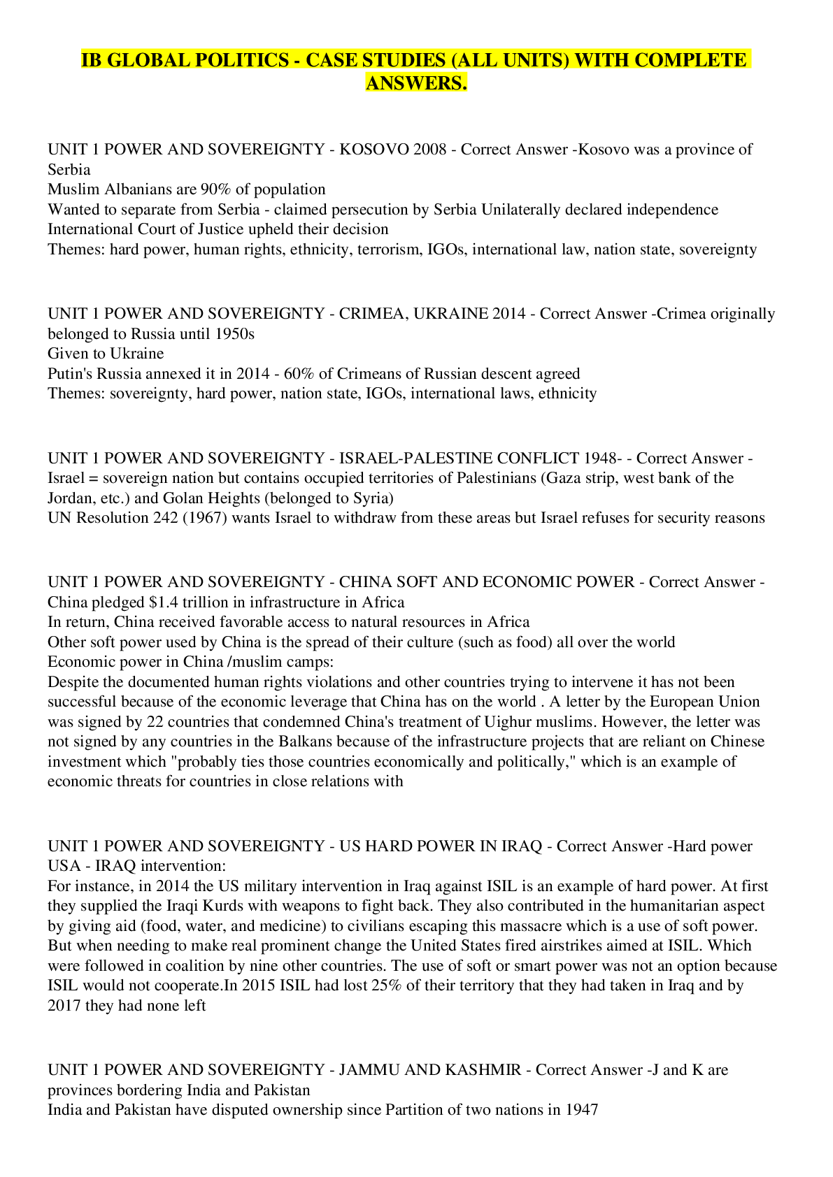 Preview image for IB GLOBAL POLITICS - CASE STUDIES (ALL UNITS) WITH COMPLETE ANSWERS.